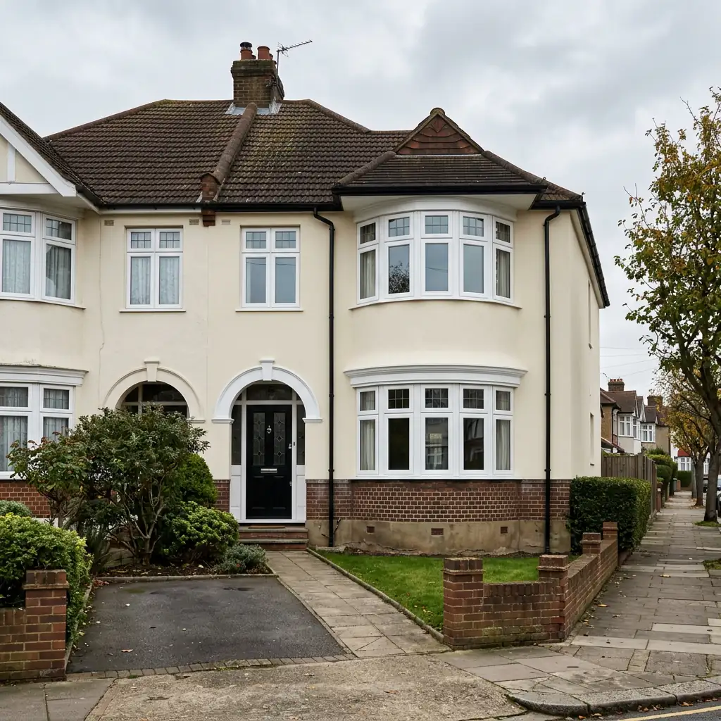 A semi-detached house in Elm Park finished in cream silicone render